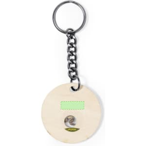 A wooden keyring with a circular design, featuring a metal chain and a clear display section.
