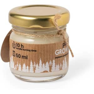 A small glass jar candle with a golden lid, featuring a cream soy wax body and a natural fibre label.