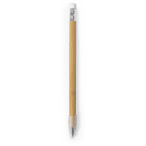 A grey-lead pencil with a bamboo shaft and silver detailing, featuring an eraser at the top and a logo.