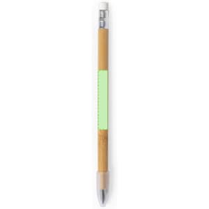 A grey-lead pencil made of bamboo with a transparent cap and silver accents. It features a logo on the body.
