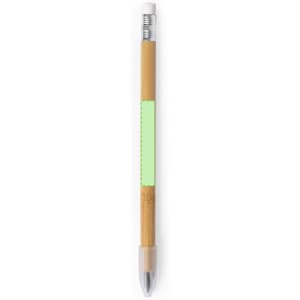 A grey-lead pencil with a bamboo body, white eraser, and clear cap, featuring a blank area for personalisation.