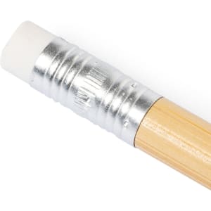 A grey-lead pencil with a wooden body and a silver ferrule, featuring a white eraser at the end.