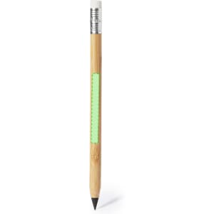 A grey-lead pencil with a bamboo body and a silver ferrule, featuring a green highlight section.