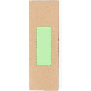 A kraft paper box with a green rectangular cut-out on the front, suitable for packaging items.