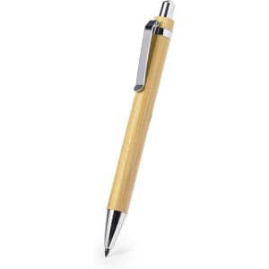 A bamboo pen with a chrome clip and detailing, featuring a sleek design.