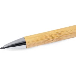 A grey-lead pencil with a bamboo body and a silver metallic tip, featuring a simple branding logo.
