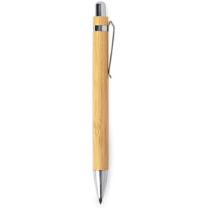 A bamboo pencil with a silver clip and tip, featuring a sleek design and natural finish.