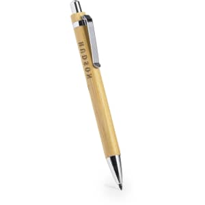 A bamboo pen with a chrome clip and an engraved logo. The design features natural wood tones.