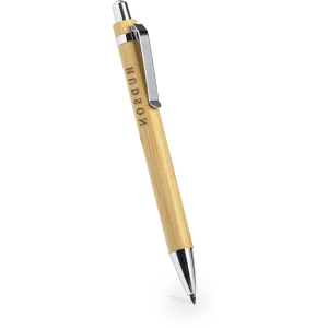 A wooden pen with a silver clip and tip, featuring a simple design and engraved branding.