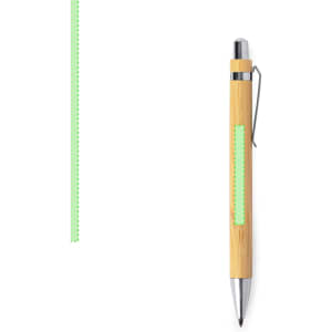 A bamboo pen with a silver clip and a green accent, featuring a sleek design and promotional branding.