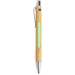 A grey-lead pencil with a bamboo body and silver accents, featuring a green highlighting section.