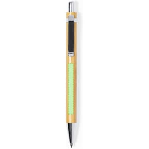 A bamboo pen with a silver clip and a green section, designed for writing. It features a branding logo.