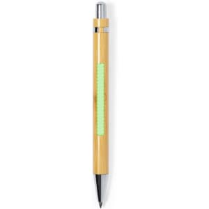 A bamboo pencil with a silver clip and a green accent for writing. It features a logo on the body.