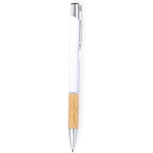 A metal pen featuring a white barrel and a bamboo grip, with a clip on the top. It has a logo on the barrel.