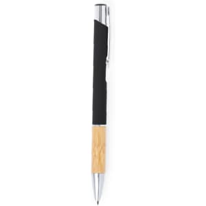 A metal pen with a black rubber grip and a bamboo lower section. It features a clip and silver accents.