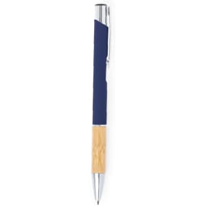 A metal pen featuring a navy blue grip and a bamboo accent, with a chrome clip and tip.