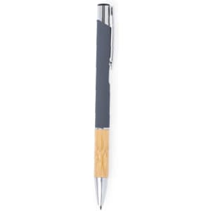 A metal pen with a grey barrel and bamboo accent, featuring chrome details and a clip.