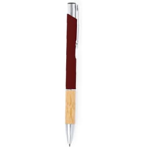 A metal pen featuring a burgundy grip and a bamboo barrel, with a chrome clip and tip. It includes a logo.