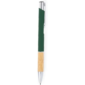 A green and bamboo metal pen with a shiny silver clip and trim, featuring a logo on its surface.