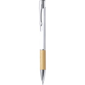 A metal pen with a white barrel and bamboo grip, featuring a chrome clip and tip, along with branding.