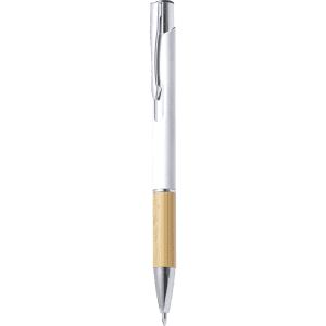 A metal pen featuring a white barrel and a bamboo grip, designed for writing. It has a polished silver clip.