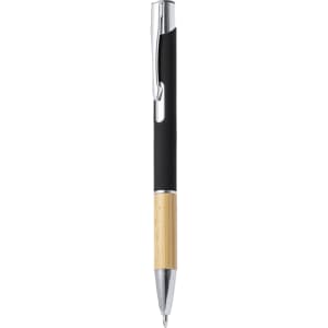 A metal pen featuring a black barrel and a bamboo bottom, with a silver clip and accents. It has a logo on the clip.