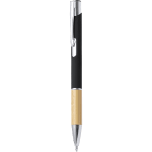 A metal pen featuring a black upper section and a bamboo lower section, complete with a pocket clip.