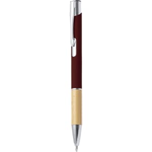 A metal pen featuring a burgundy upper section and a bamboo lower section, with a shiny chrome clip and accents.