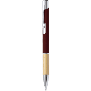 A metal pen with a maroon body and a bamboo grip, featuring a silver clip and tip. It includes a logo.