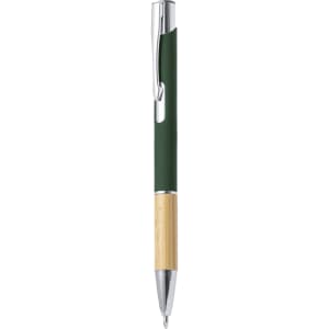 A metal pen with a green body and a bamboo grip, featuring a silver clip and tip. Includes a branding logo.