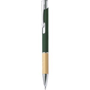 A metal pen with a green barrel and a bamboo grip, featuring a silver clip and nib. The pen has a logo.