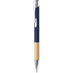 A metal pen featuring a navy blue body with a bamboo lower section and a silver clip, alongside a logo branding.
