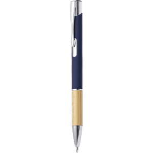 A metal pen featuring a navy blue barrel and bamboo grip, with chrome accents and a branding logo.