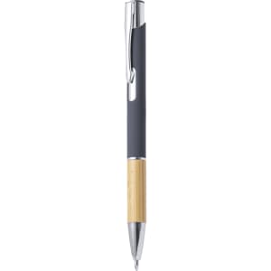 A metal pen featuring a dark grey body and a bamboo lower section, complete with a clip and branding.