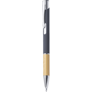 A metal pen with a dark grey body and a bamboo grip, featuring a clip and silver accents. It has a logo.