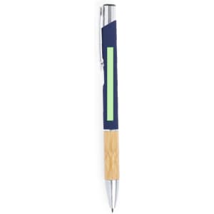 A metal pen featuring a blue body, bamboo grip, and a silver clip, with a logo on the side.