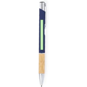 A metal pen featuring a navy blue body, bamboo accents, and a silver clip. It includes a branding logo.