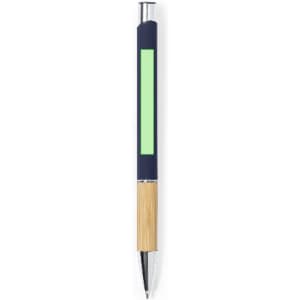 A metal pen featuring a navy blue body and a bamboo grip, with a green accent area and a silver tip.