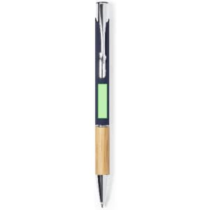 A metal pen featuring a navy blue and bamboo design with a green accent area and a clip for convenience.