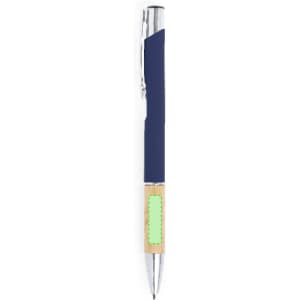 A metal pen featuring a navy blue grip and a bamboo barrel, with a branding logo on the side.
