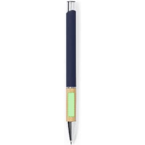 A metal pen with a navy blue grip and a wooden barrel, featuring a green accent. The pen has a logo on the barrel.