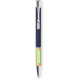 A metal pen featuring a navy blue barrel and a bamboo grip, with a silver clip and accents. It has a logo.