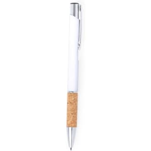 A metal pen with a white upper body and cork-patterned grip, featuring a chrome clip and tip.