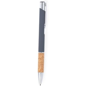 A metal pen featuring a grey body and a cork grip, with a silver clip and accents.