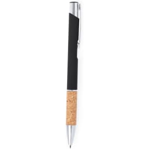 A metal pen with a black upper section and a cork-like lower grip. It features a chrome clip and tip.