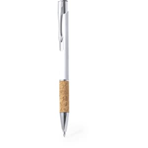 A metal pen with a white body and a cork grip, featuring a silver clip and tip.