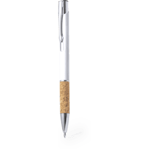 A metal pen in white with a cork grip and a shiny silver clip, featuring a branding logo.