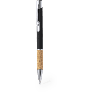 A black metal pen with a cork grip and a shiny silver clip, featuring a branding logo.