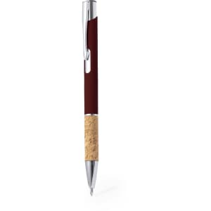 A metal pen in burgundy with a cork grip and a silver clip, featuring a smooth design and sleek finish.