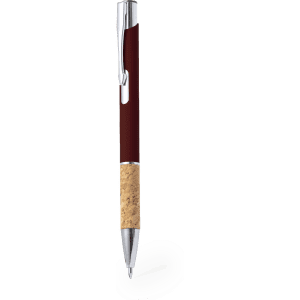 A metal pen in burgundy with a cork grip and a silver clip. It features a logo on the body.